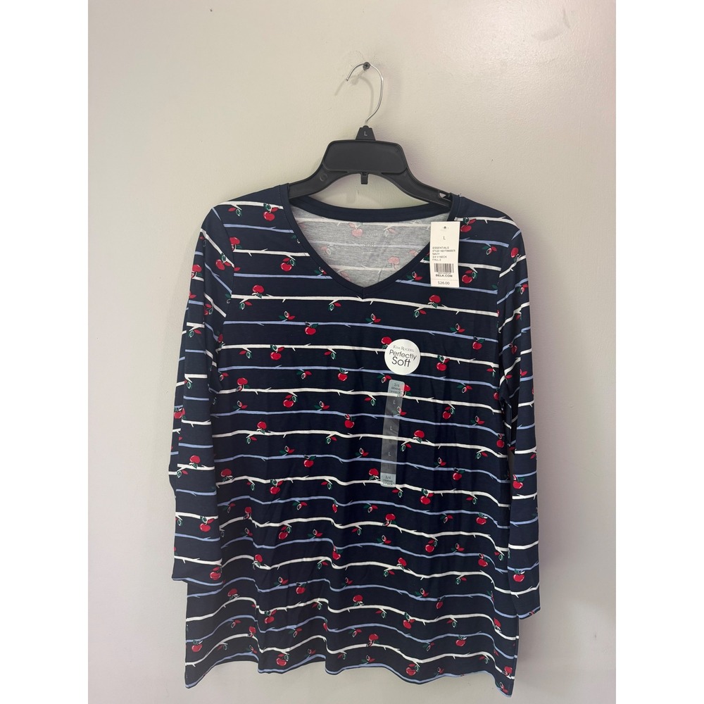 Kim Rogers Perfectly Soft Navy Stripe Cherry Print V-Neck Top 3/4 Sleeve L NEW